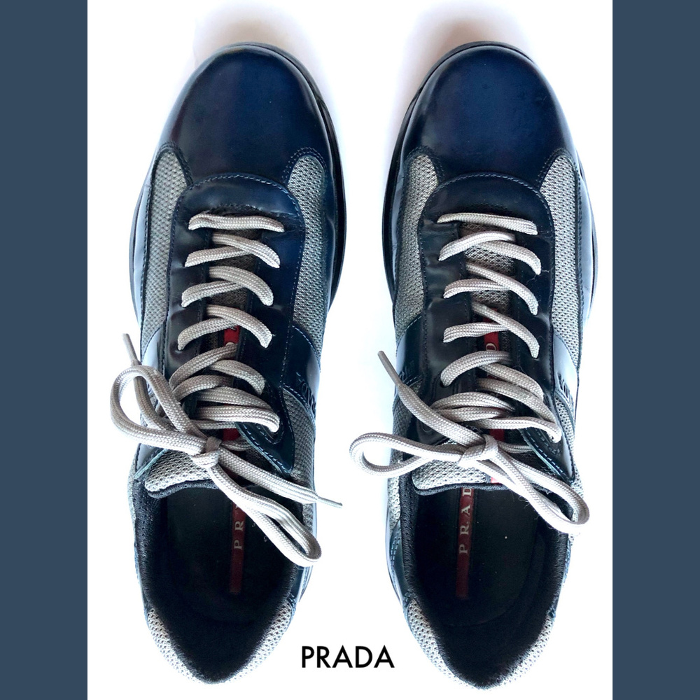 SOLD! Prada Leather Navy Blue Black Sneakers 9.5 - Picture 4 of 8